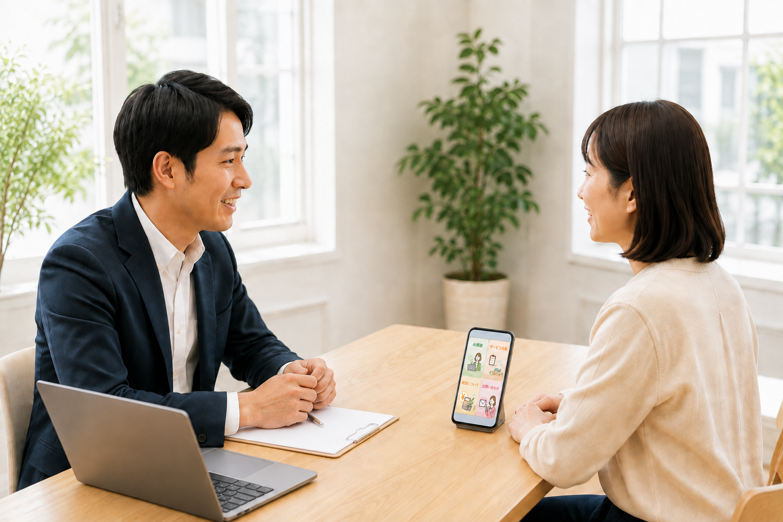 ノートパソコンとリッチメニューを表示したスマートフォンを使いながら相談している様子